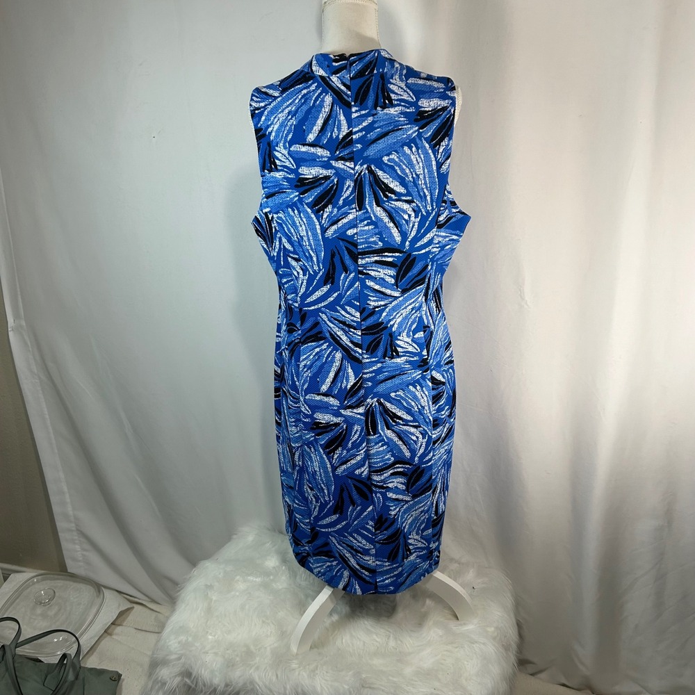 Cappagallo Blue White Abstract Leaf Print Sleeveless V-Neck Midi Dress Size 14‎ - Picture 6 of 7